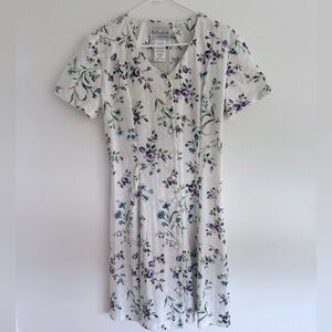 Vintage “Ms. Conduct” White Floral Midi Dress with Purple & Blue Blossoms